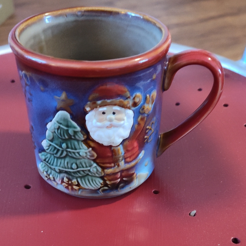 Vintage Stoneware  Santa Claus Mug with Christmas Tree Brown Blue Glaze 4" X 5"